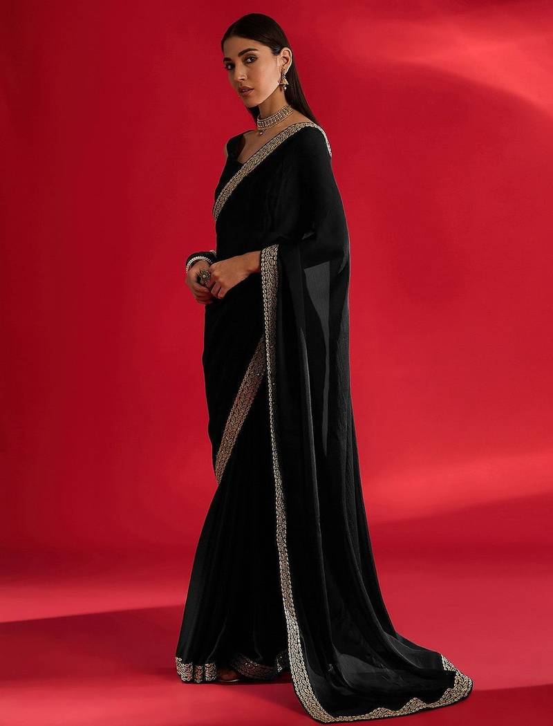 black embroidered satin saree