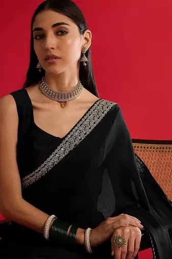 black embroidered satin saree
