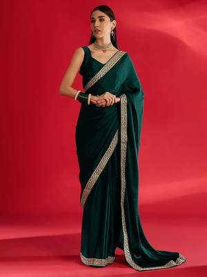 green embroidered satin saree 1