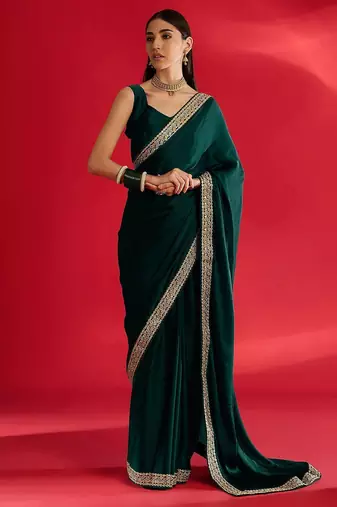 green embroidered satin saree