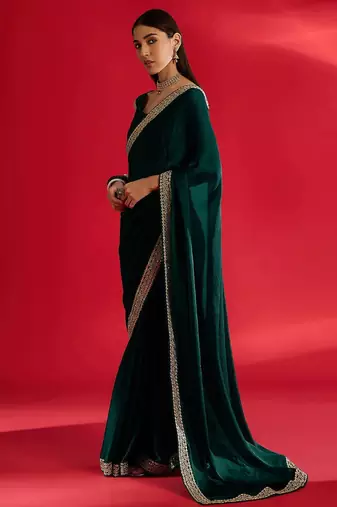 green embroidered satin saree