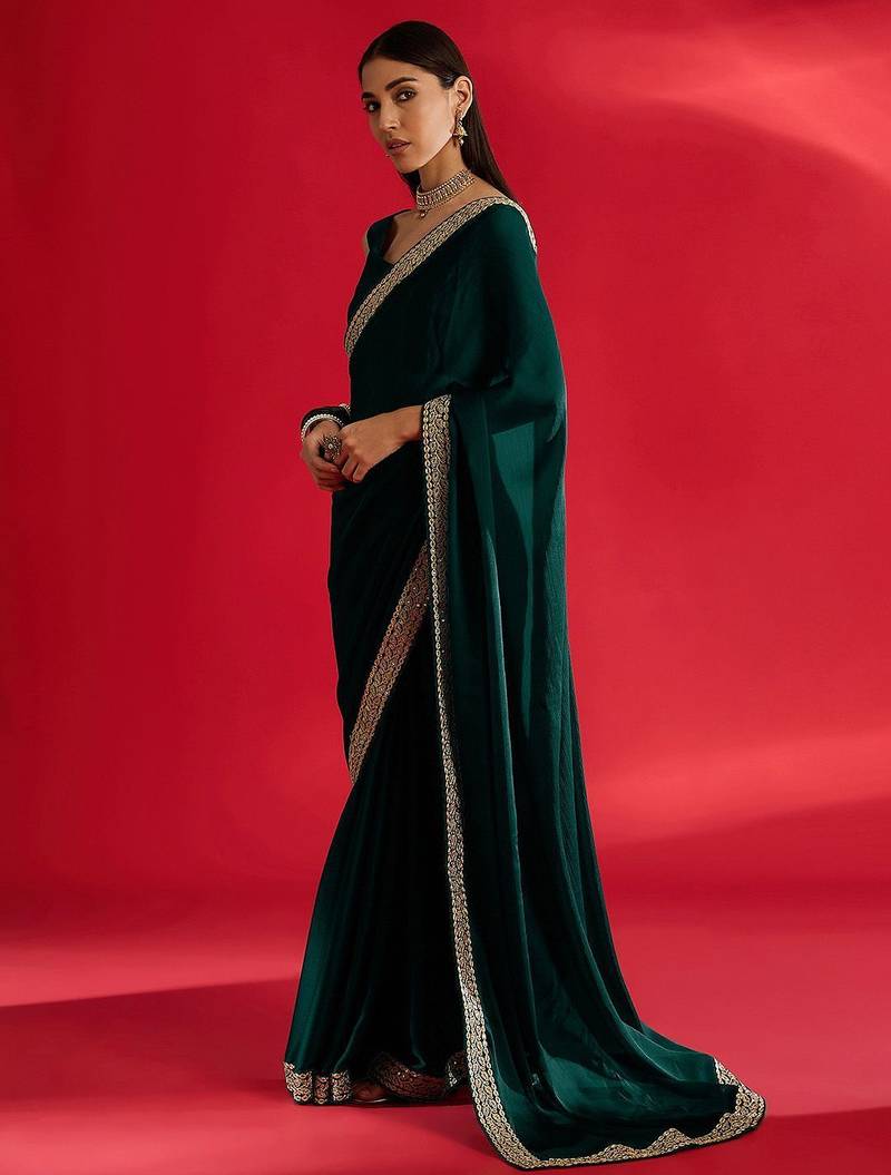 green embroidered satin saree