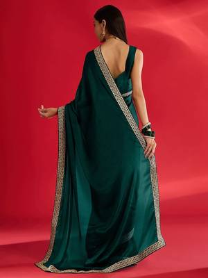 green embroidered satin saree 3