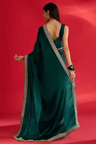 green embroidered satin saree