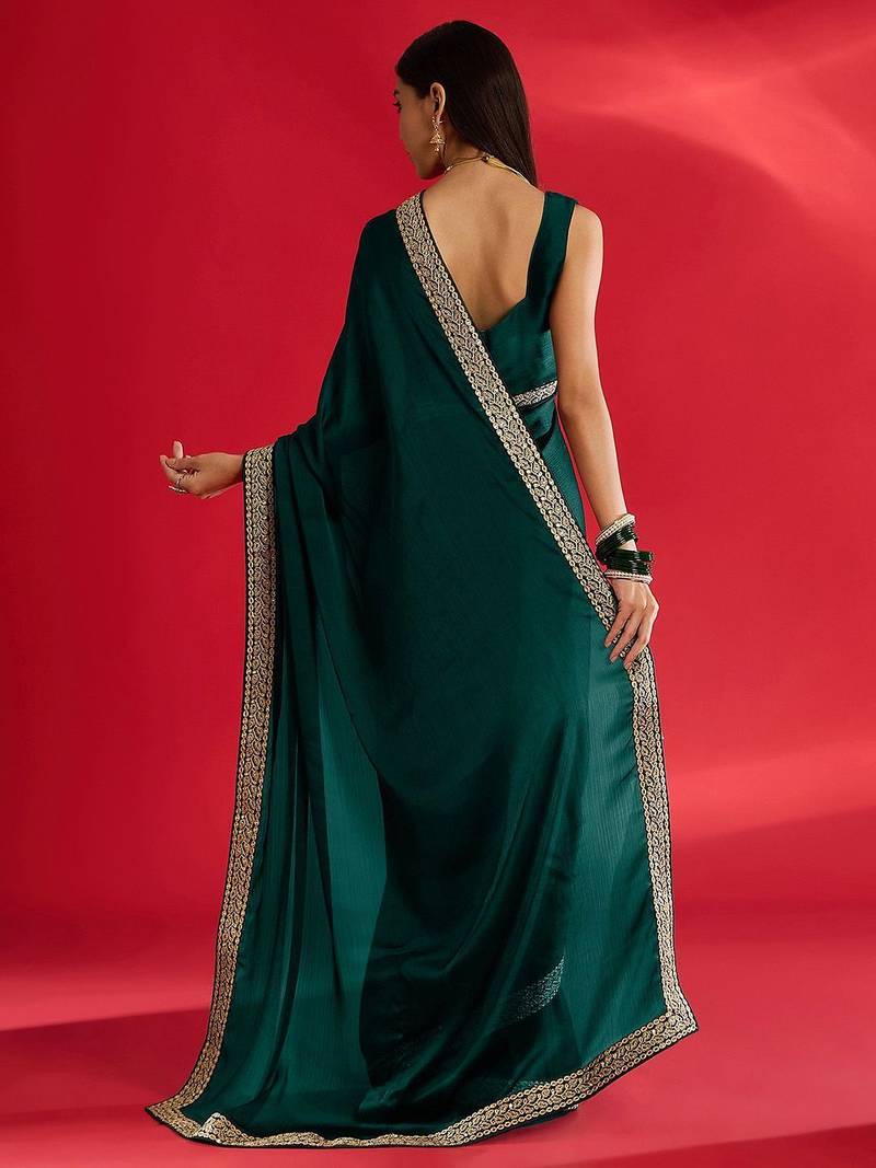 green embroidered satin saree