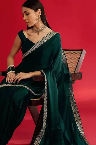 green embroidered satin saree