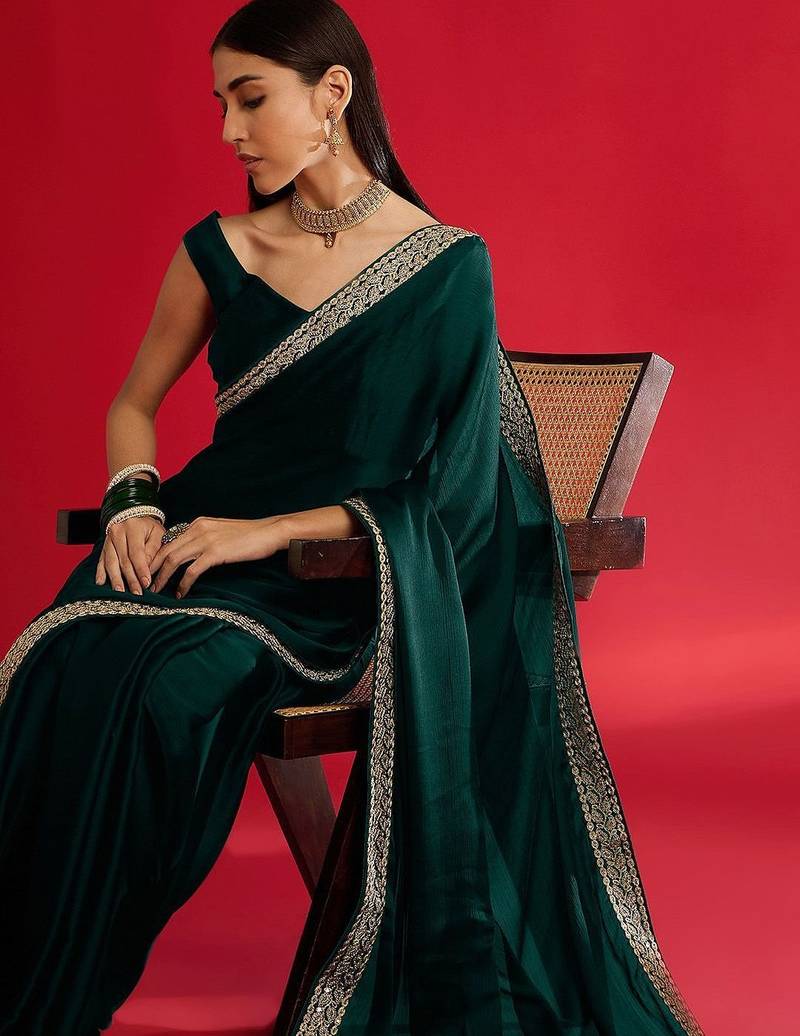 green embroidered satin saree