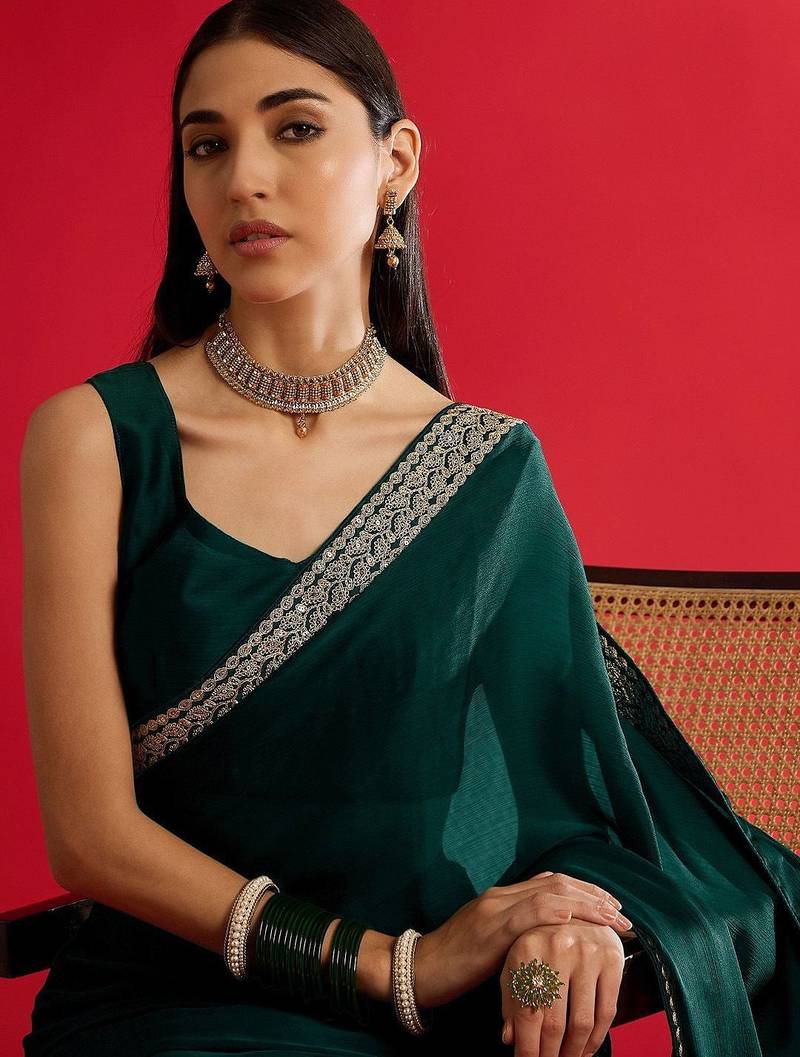 green embroidered satin saree