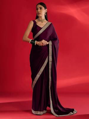 magenta embroidered satin saree 1