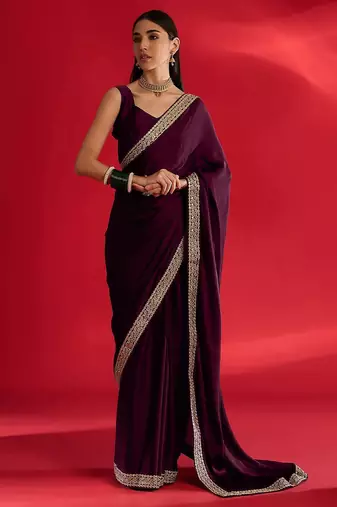 magenta embroidered satin saree