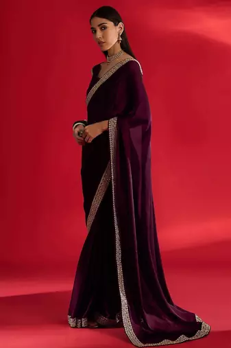 magenta embroidered satin saree