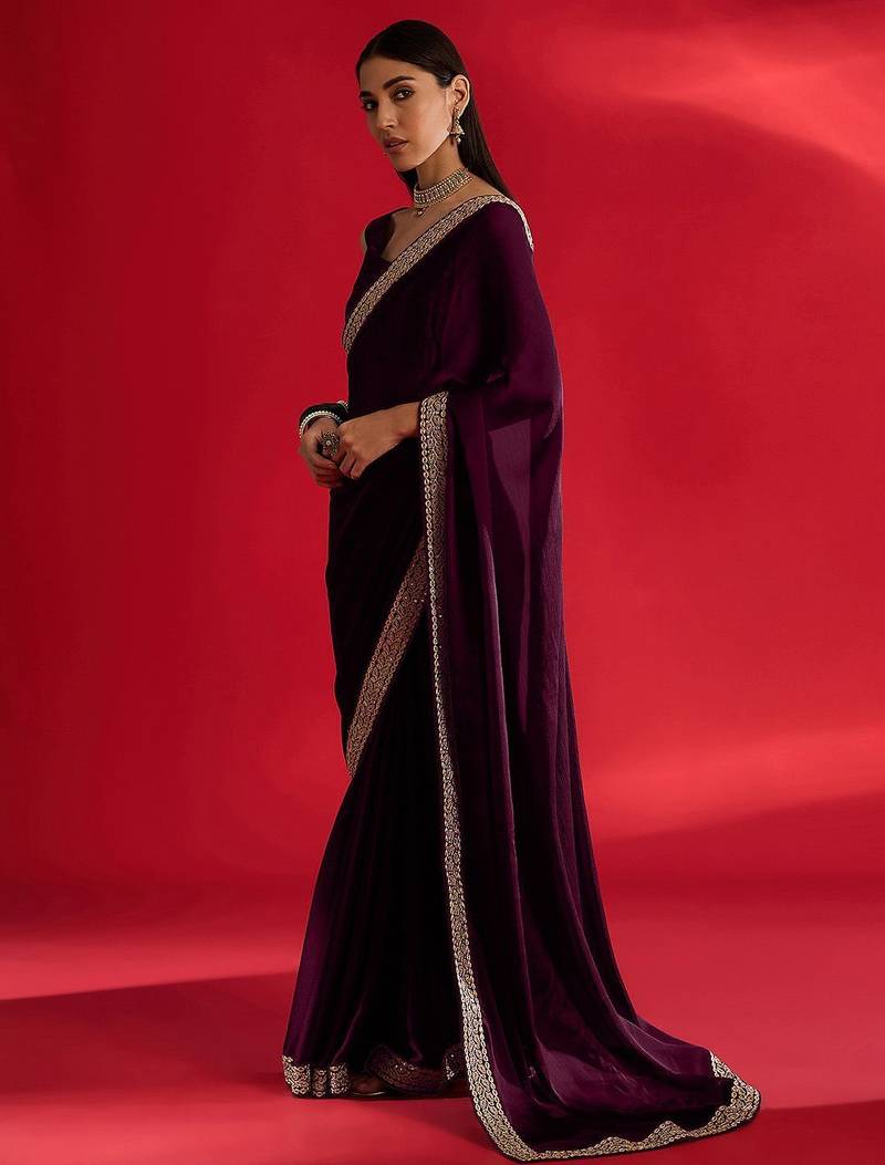 magenta embroidered satin saree