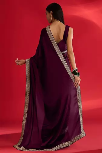 magenta embroidered satin saree