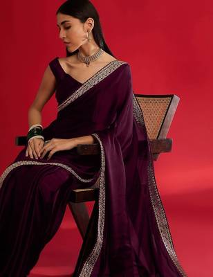 magenta embroidered satin saree 4