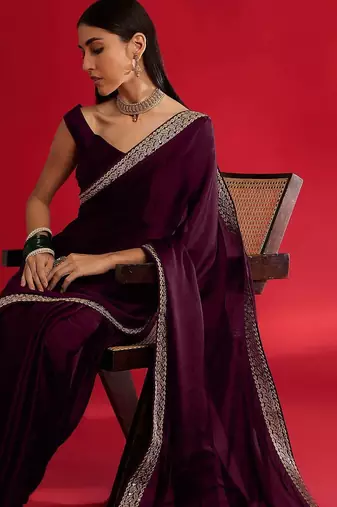 magenta embroidered satin saree