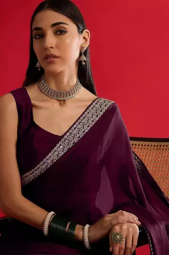 magenta embroidered satin saree