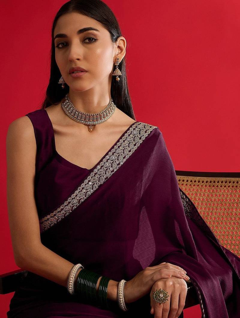 magenta embroidered satin saree
