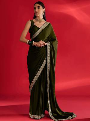 olive embroidered satin saree 1