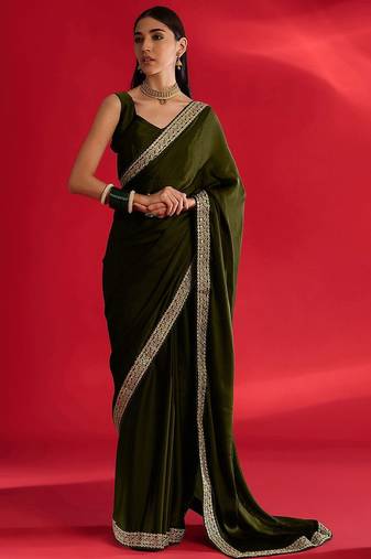 olive embroidered satin saree
