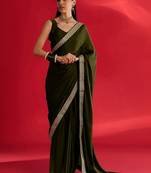 olive embroidered satin saree
