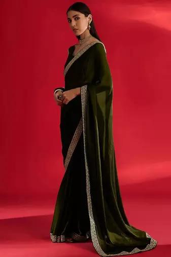 olive embroidered satin saree