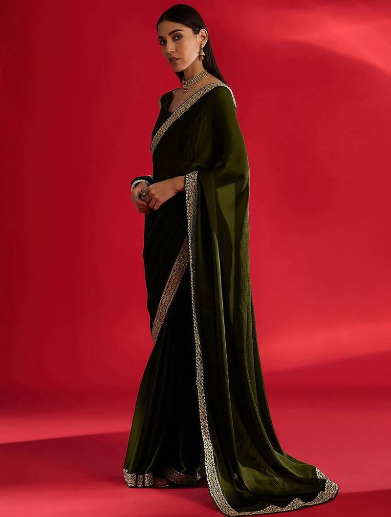 olive embroidered satin saree