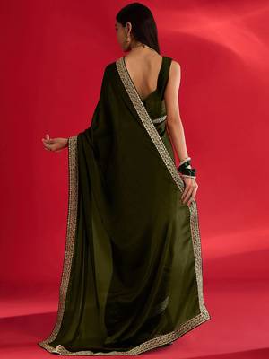 olive embroidered satin saree 3