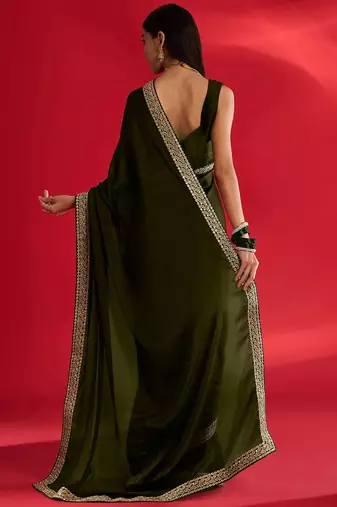 olive embroidered satin saree