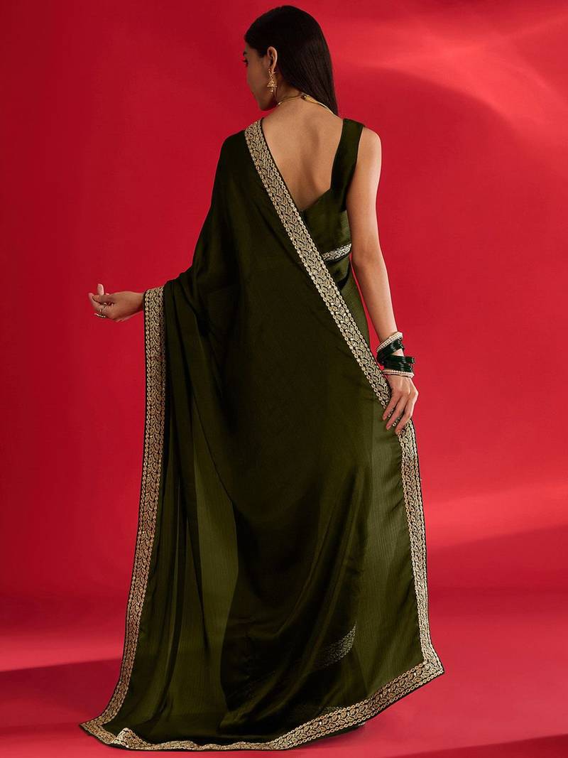 olive embroidered satin saree