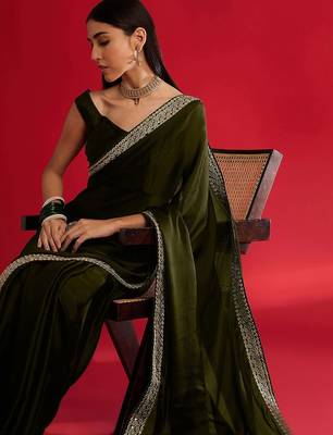 olive embroidered satin saree 4