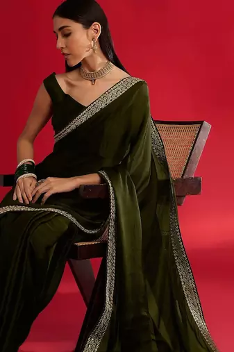 olive embroidered satin saree