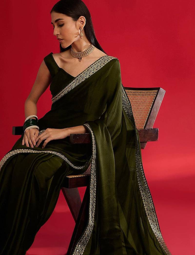 olive embroidered satin saree