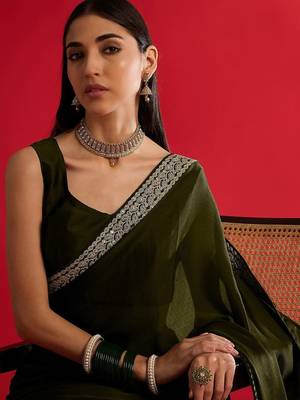 olive embroidered satin saree 5