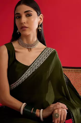 olive embroidered satin saree