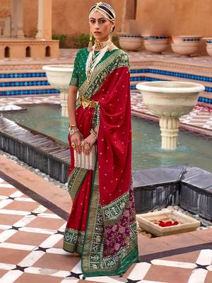 red red & green woven design zari silk blend saree 1