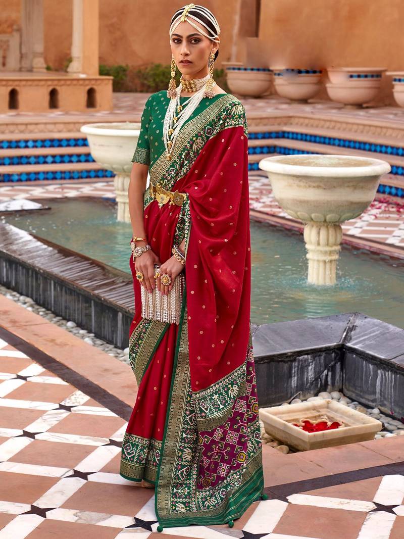 red red & green woven design zari silk blend saree