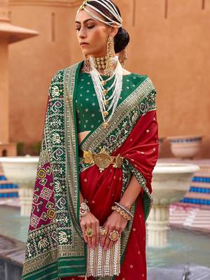 red red & green woven design zari silk blend saree 2