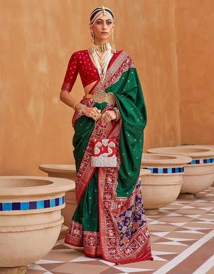 green green & red ethnic motifs woven design zari saree 1