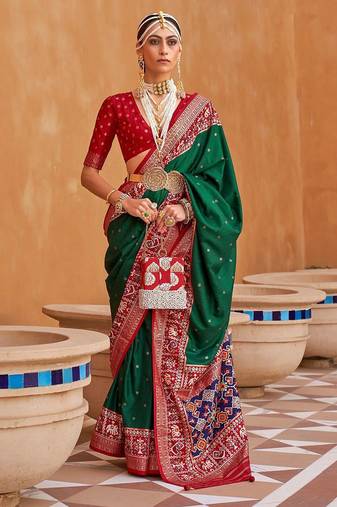 green green & red ethnic motifs woven design zari saree