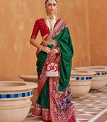 green green & red ethnic motifs woven design zari saree