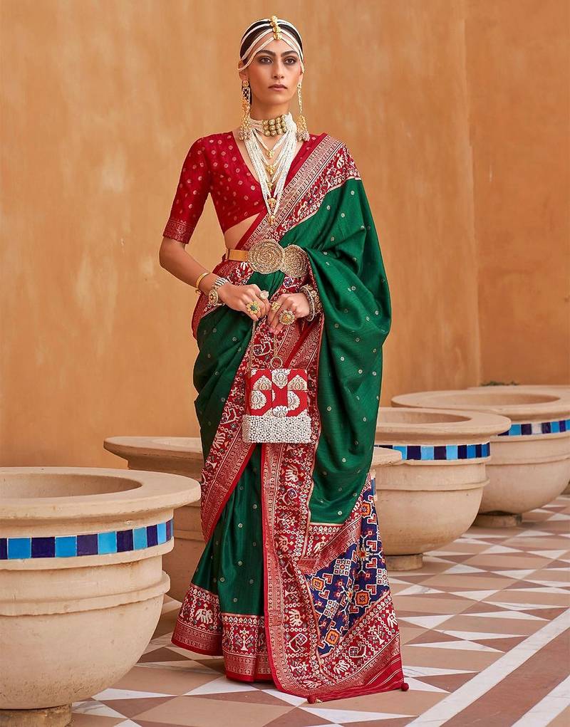 green green & red ethnic motifs woven design zari saree