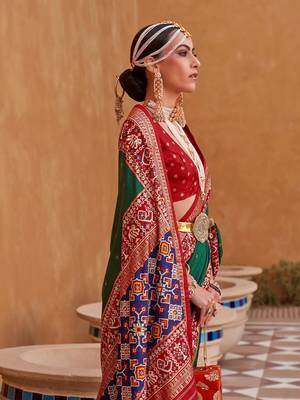 green green & red ethnic motifs woven design zari saree 2