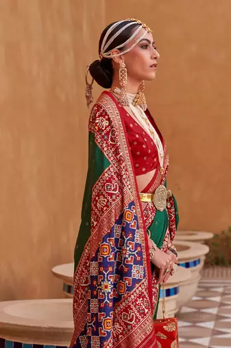 green green & red ethnic motifs woven design zari saree