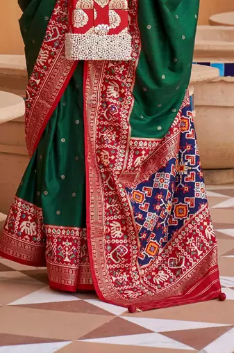 green green & red ethnic motifs woven design zari saree