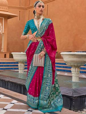 Blue women light blue & pink woven design zari silk blend paithani saree 1