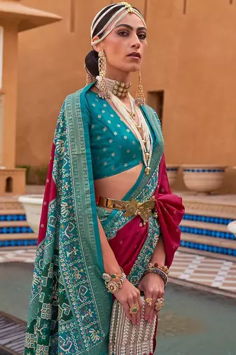 Blue women light blue & pink woven design zari silk blend paithani saree