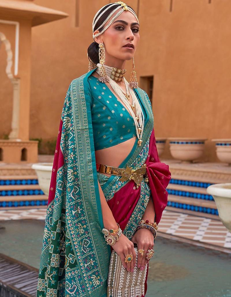 Blue women light blue & pink woven design zari silk blend paithani saree