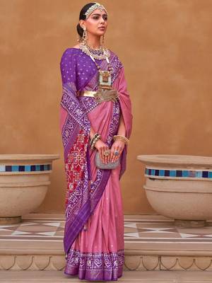 pink pink & purple ethnic motifs woven design saree 1