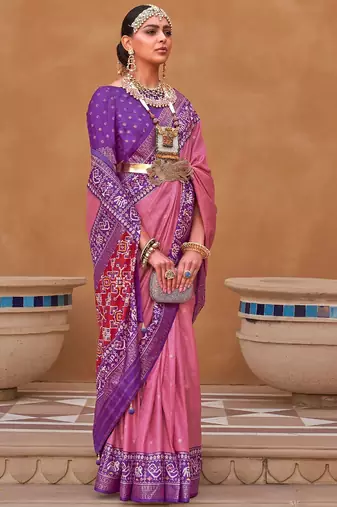 pink pink & purple ethnic motifs woven design saree
