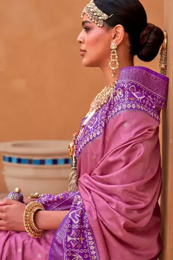 pink pink & purple ethnic motifs woven design saree